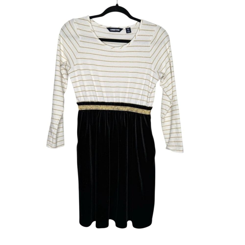 LAND'S END /white gold sparkle striped black velvet long sleeve dress / XL
